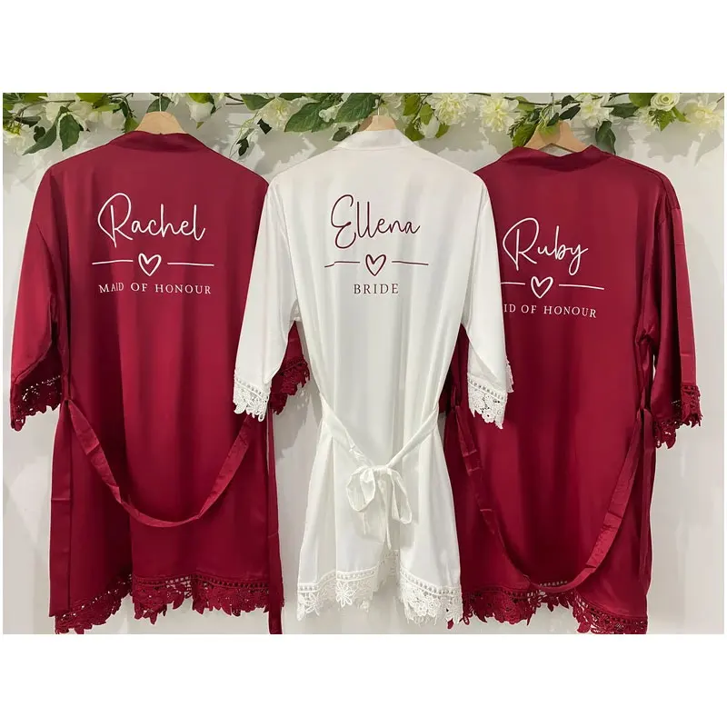 Personalized Burgundy Satin Lace Bridal Party Robe