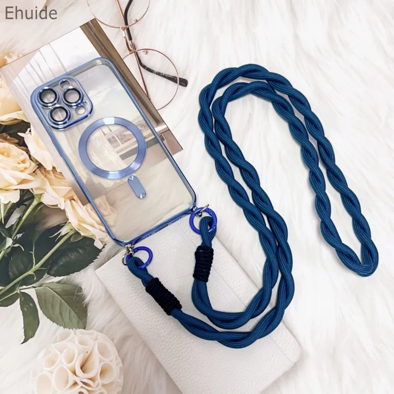 Magnetic Transparent Plating Case with Crossbody Lanyard Strap