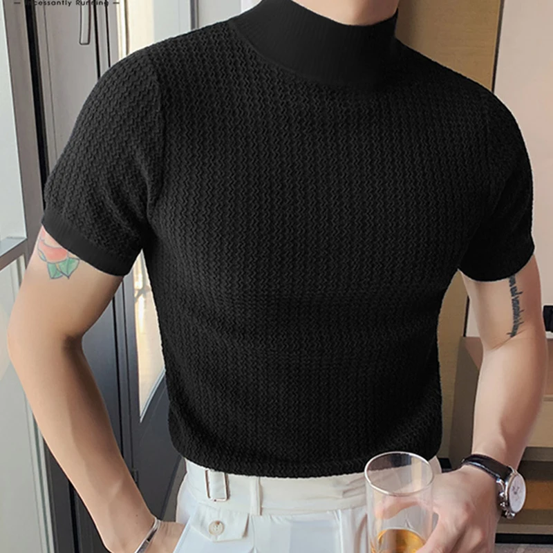 جديد الصيف موضة ضيق تي شيرت عادية الشارع الشهير محكم عالية الرقبة بلون قصيرة الأكمام قاع تيز الكورية نمط القمم
