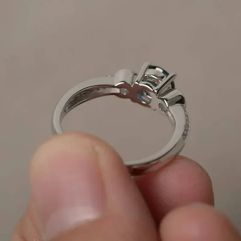 Fedi nuziali minimaliste in argento sterling 925 per le donne Gioielli di moda femminile semplici ed eleganti con zirconi rotondi blu - immagine 3