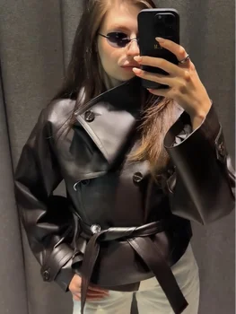 2025 Autunno Inverno Pu Giacca da donna in pelle Street Solid manica lunga bavero doppio petto cappotto femminile Casual Lady Outwear 1