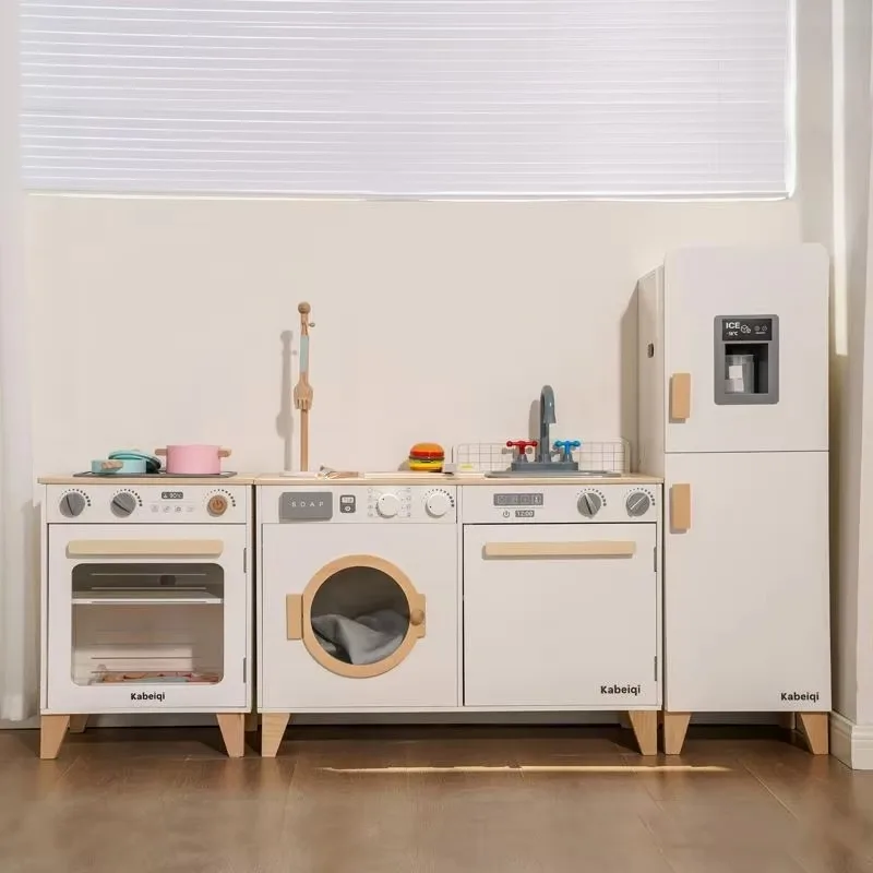 CPC CE EN71 Wooden Play Kitchen Microwave Fridge Washing Machine with Lights & Sounds Christmas Gift for Kids