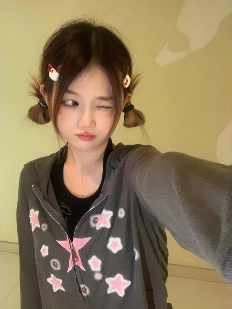 

Y2k Aesthetic Cropped Hoodies Women Casual Star Print Zip Thin Harajuku Punk Sweatshirt Gothic Fairy Grunge Jackets