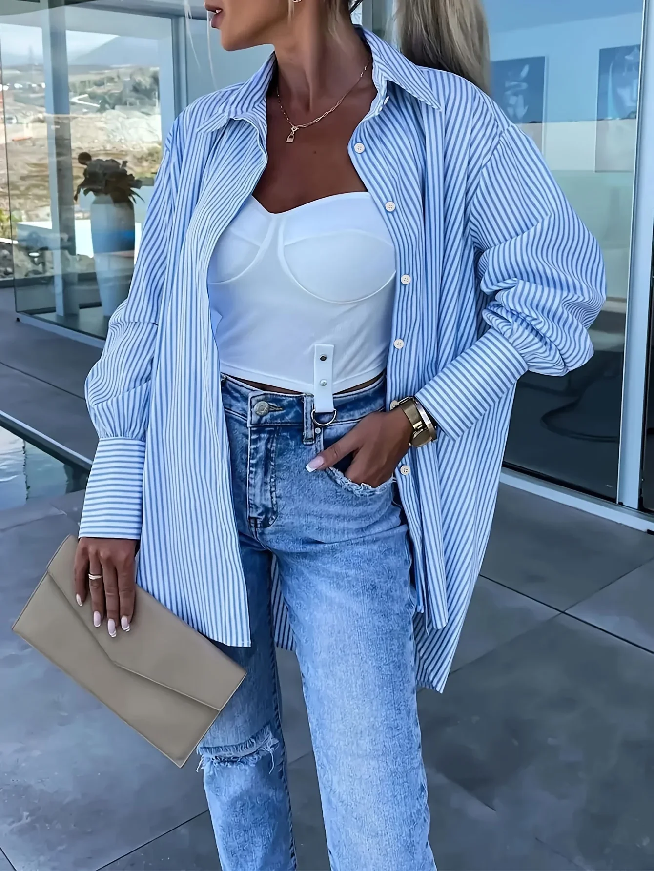 

Plus Size Women Asymmetric Striped Long Sleeve Shirt Blouse