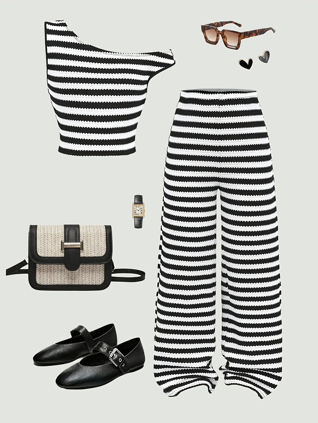 Zweiteiliges, schwarz-weiß gestreiftes One-Shoulder-Crop-Top und Hose mit weitem Bein für Kinder und Mädchen, Preppy-Casual-Sommeroutfit
