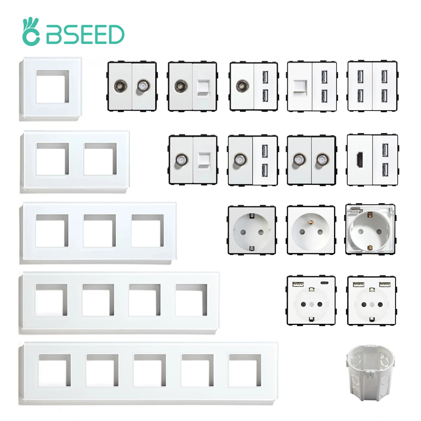 เต้ารับไฟฟ้ามาตรฐานยุโรป BSEED พร้อมพอร์ต USB RJ45 สำหรับทีวี ปลั๊กดาวเทียม แผงกระจก DIY ฟังก์ชันประกอบเองได้ สำหรับระบบอัตโนมัติภายในบ้าน 1