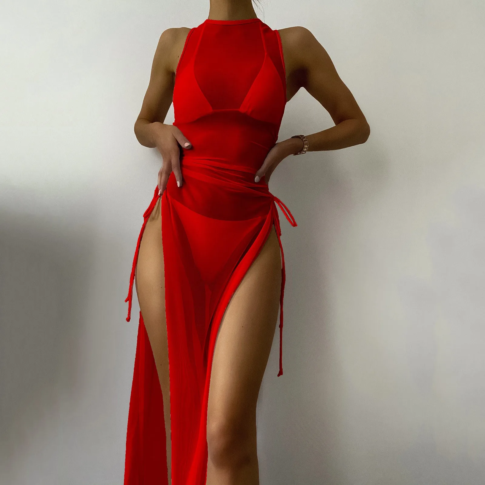 Beach Cover Swimwear Cover Up Women Bikini Mesh Hight Split Fork Dress Female Beach Wrap Shiny beach cover swimsuit cover beach dress