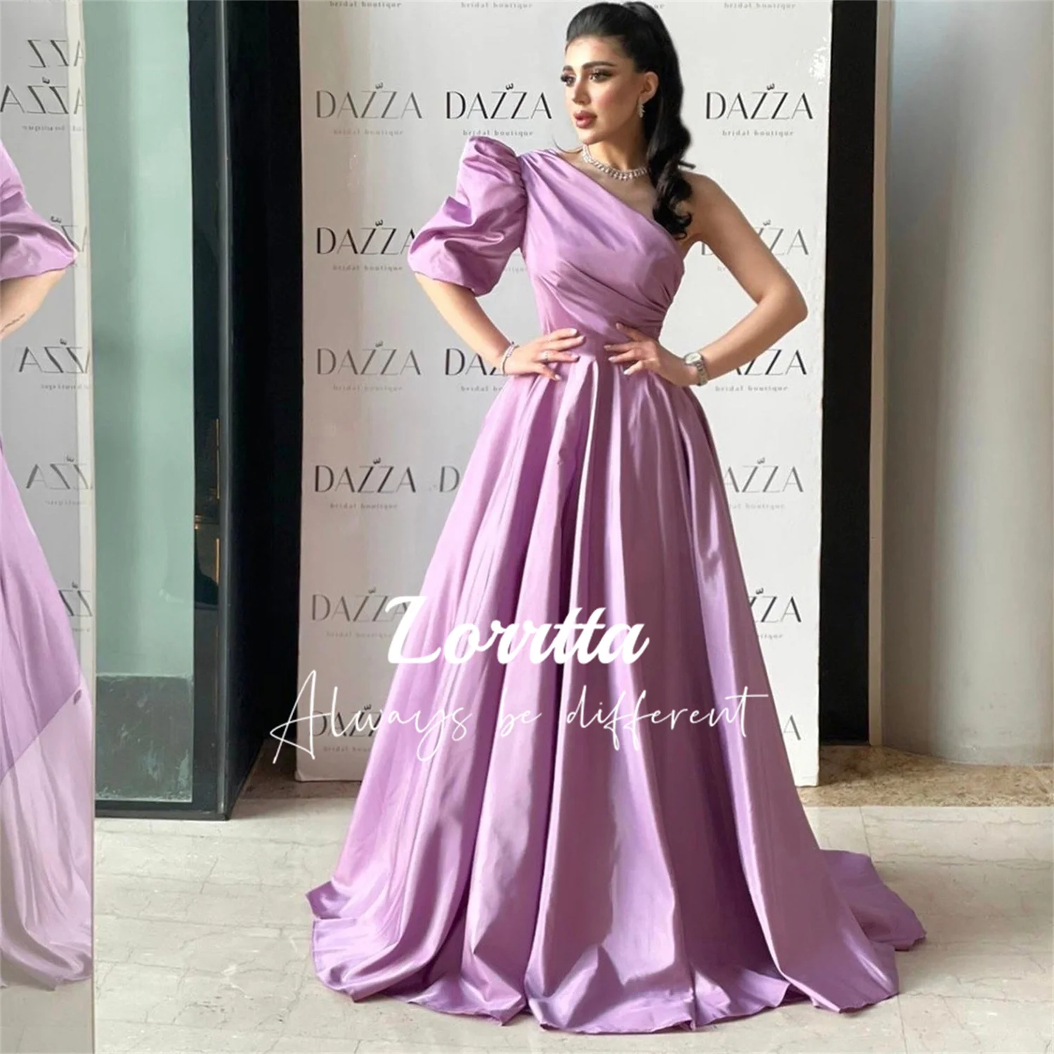 

Lorrtta Saudi Arabia Women's Robes Formal Evening Gown Floor Length Purple Satin One Shoulder Short Sleeve Folds Dress Dresses