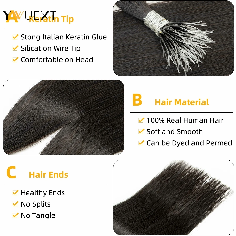 YWUEXT Flexible F Tip Hair Extensions 16''- 24'' Natural Invisible Nano Ring Hair Microlink Human 1g/s Micro Beads