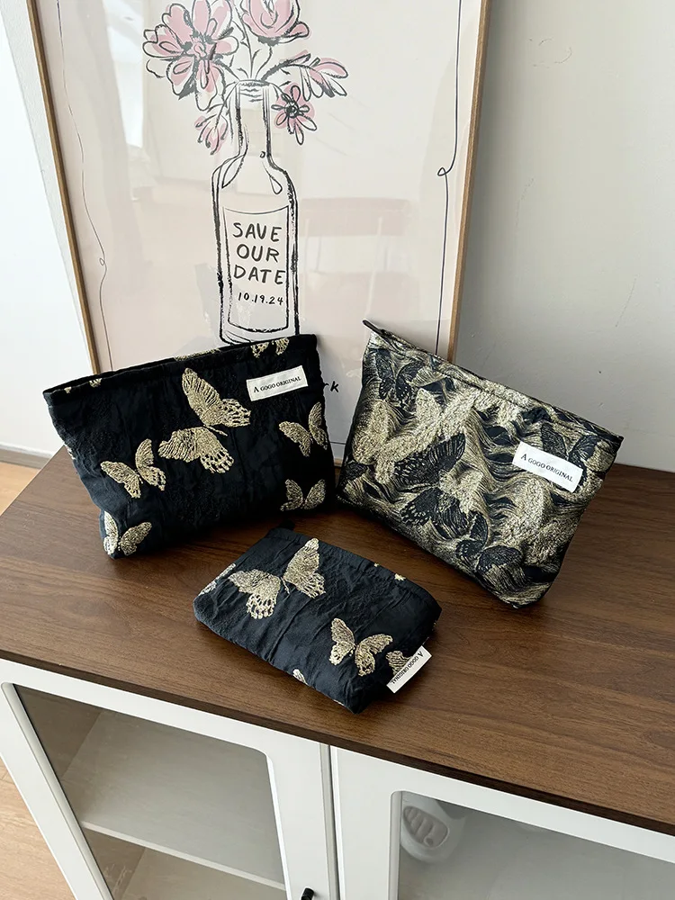 Golden Butterfly Makeup Bag, Fabric Skincare Storage Bag, Small Square Bag, Handbag, Canvas Washbag, Women's Bag 3