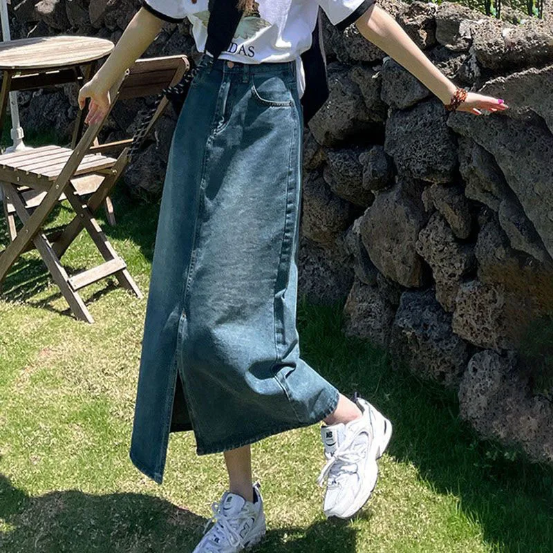

Blue Denim Midi Skirts Women Summer Casual High Waist Split Straight Skirts for Female Vintage Streetwear Long Skirt
