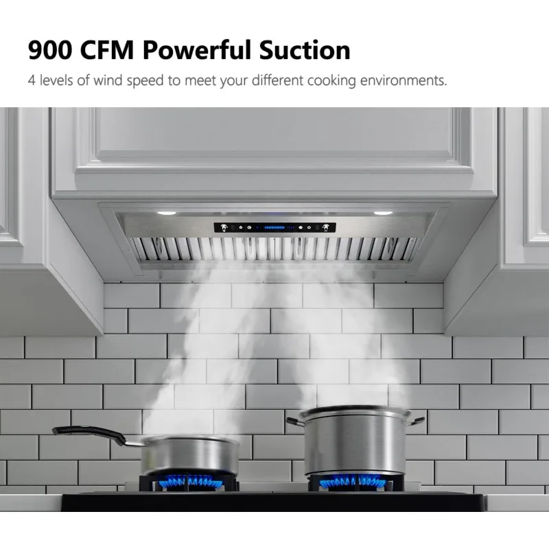 IKTCH 30 inch Built-in/Insert Range Hood 900 CFM, Ducted/Ductless Convertible Duct,Stainless Steel Kitchen Vent Hood 2 Pcs Light