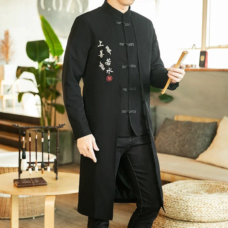 Chinese Style Long Windbreaker Jacket Men Streetwear Oriental Clothes Hip Hop Mandarin Jacket Coat