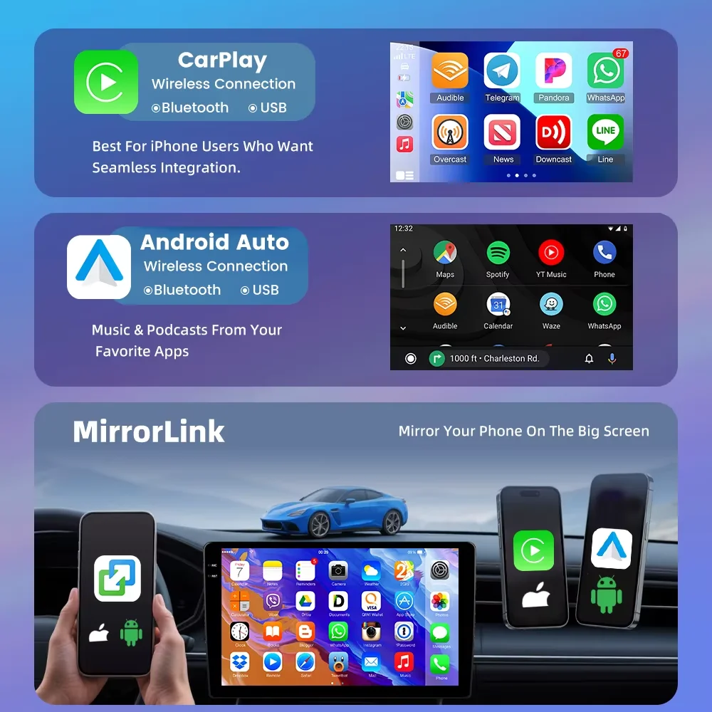 ESSGOO Android 15 64G 10.1" 360 ° Autoradio Universal con Pantalla Táctil 1 DIN, CarPlay Inalámbrico, Android Auto, GPS, Navegador, RDS, WiFi, FM, SWC, BT 2