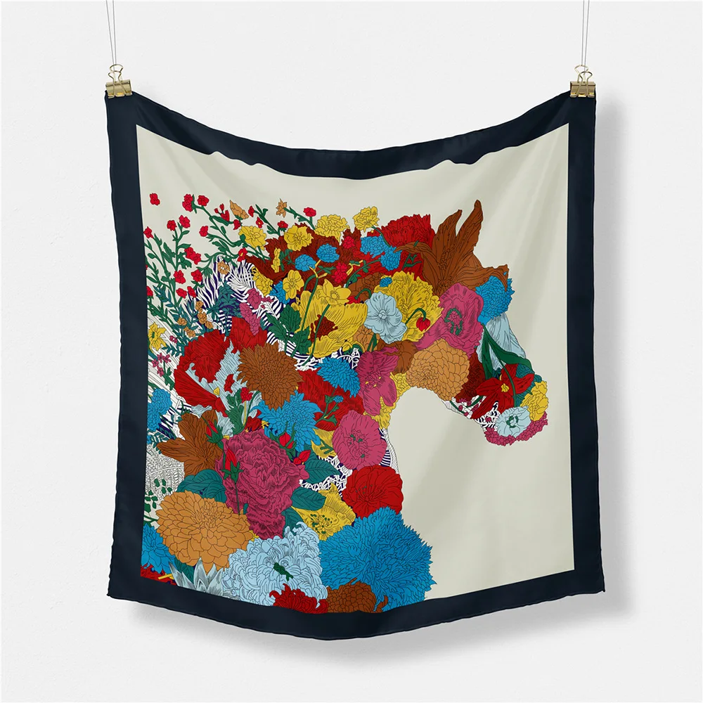 

53cm Brand Design Horse Silk Scarf 2023 New Square Scarf Woman Luxury Bandana Headband Hijab Foulard Neckerchief For Ladies