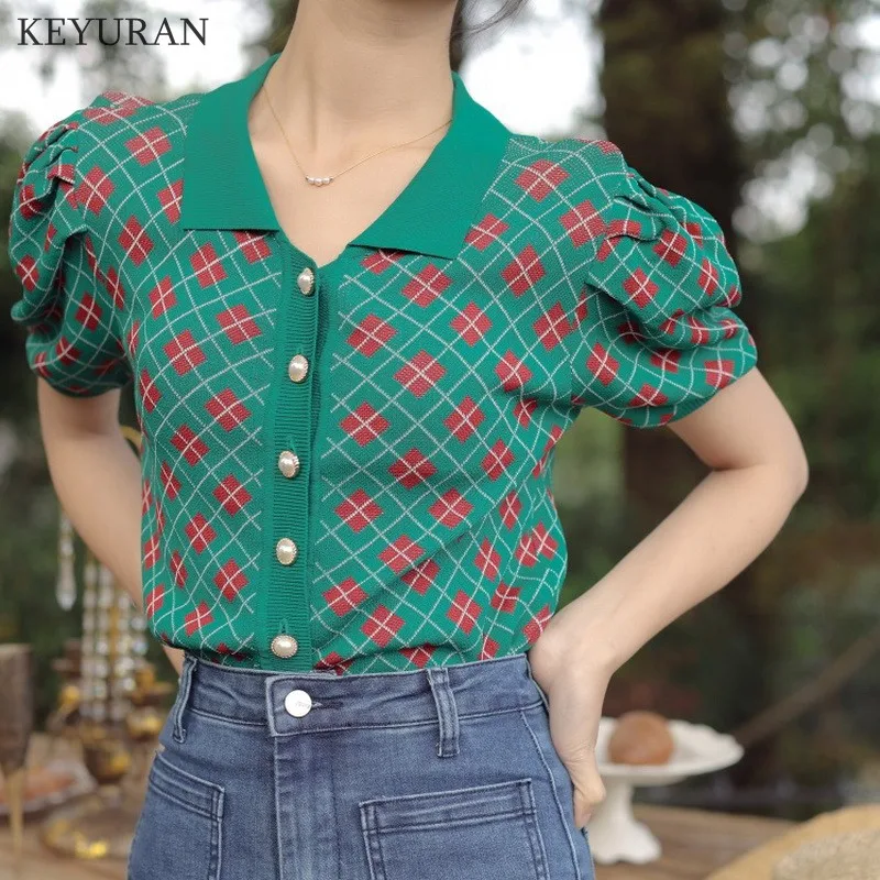 

Женский трикотажный однобортный свитер в клетку, зеленый кардиган с коротким рукавом и узором ромбиками, Повседневная тонкая футболка, лето 2023