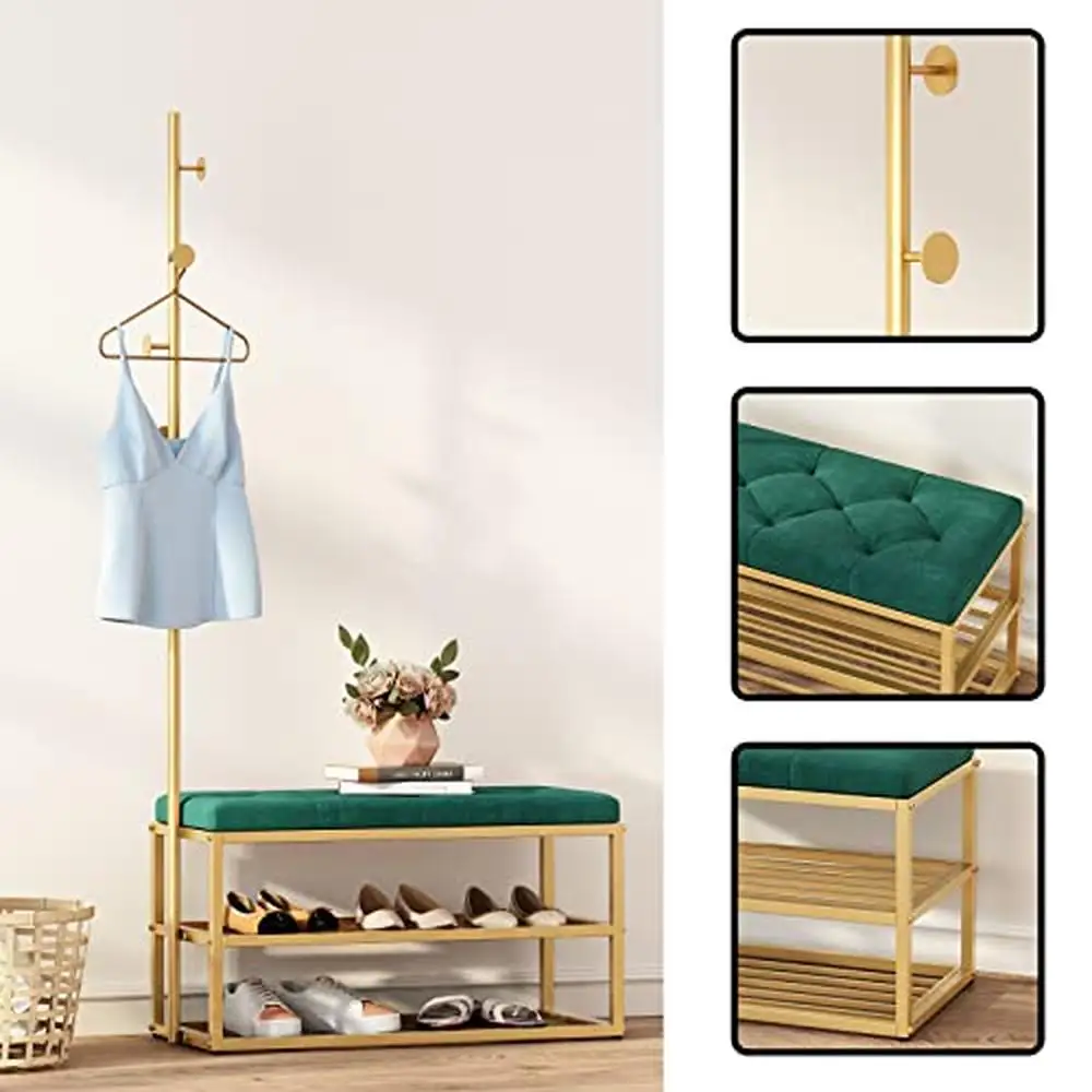 Hall Tree Coat Rack with Shoe Storage Shelf Green Upholstered Bench and 5 Hooks Freestanding Metal Entryway Organizer Coats Hats 6