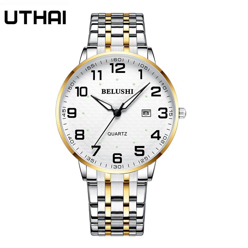 UTHAI Elderly Watches Waterproof Big Number Big Dial Light luxury Gold Steel Couple Watch Men Fashion Quartz Wristwatches Clock 6