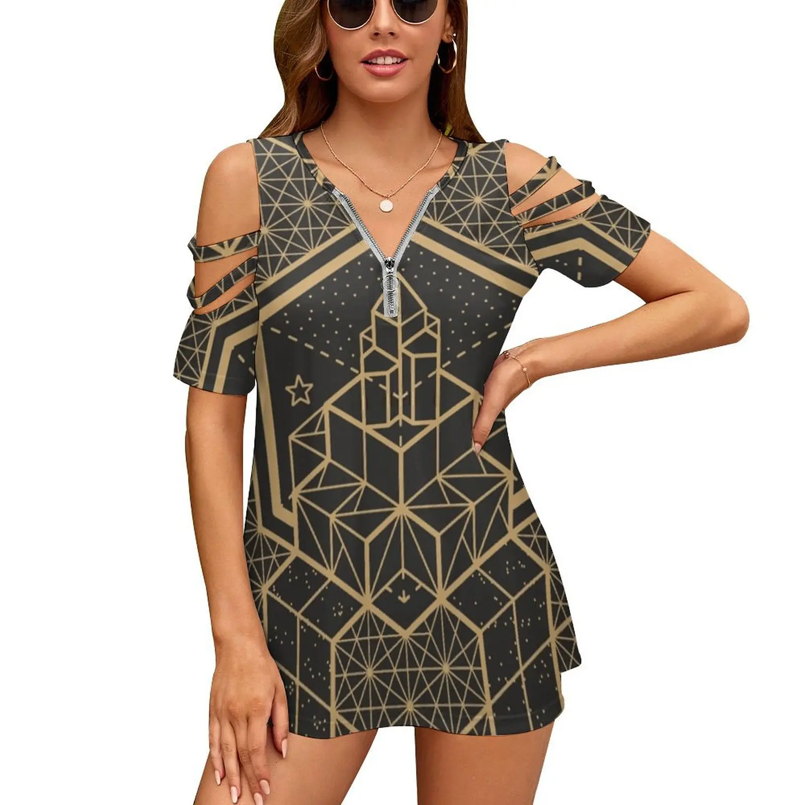 

The Inner Truth New Fashion Zip Off Shoulder Top Short-Sleeve Women Shirt Yoga Mandala India Chakra Sacred Geometry Spiritual