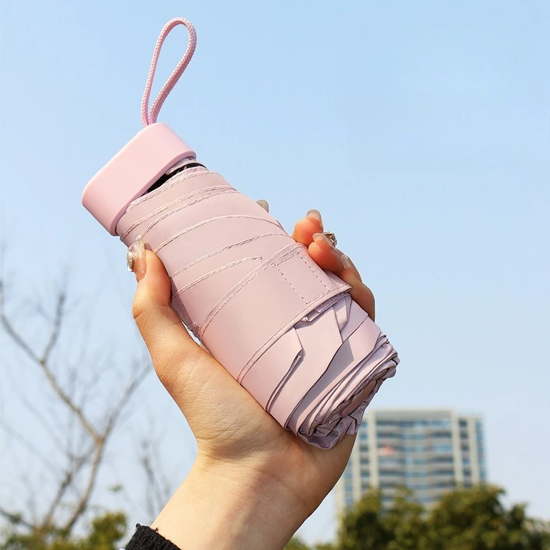 Macaron Color Sun Umbrella with Black Lining UPF 50+ UV Protection 6-Fold Portable Design with Strap & Storage Box (19 Inches)