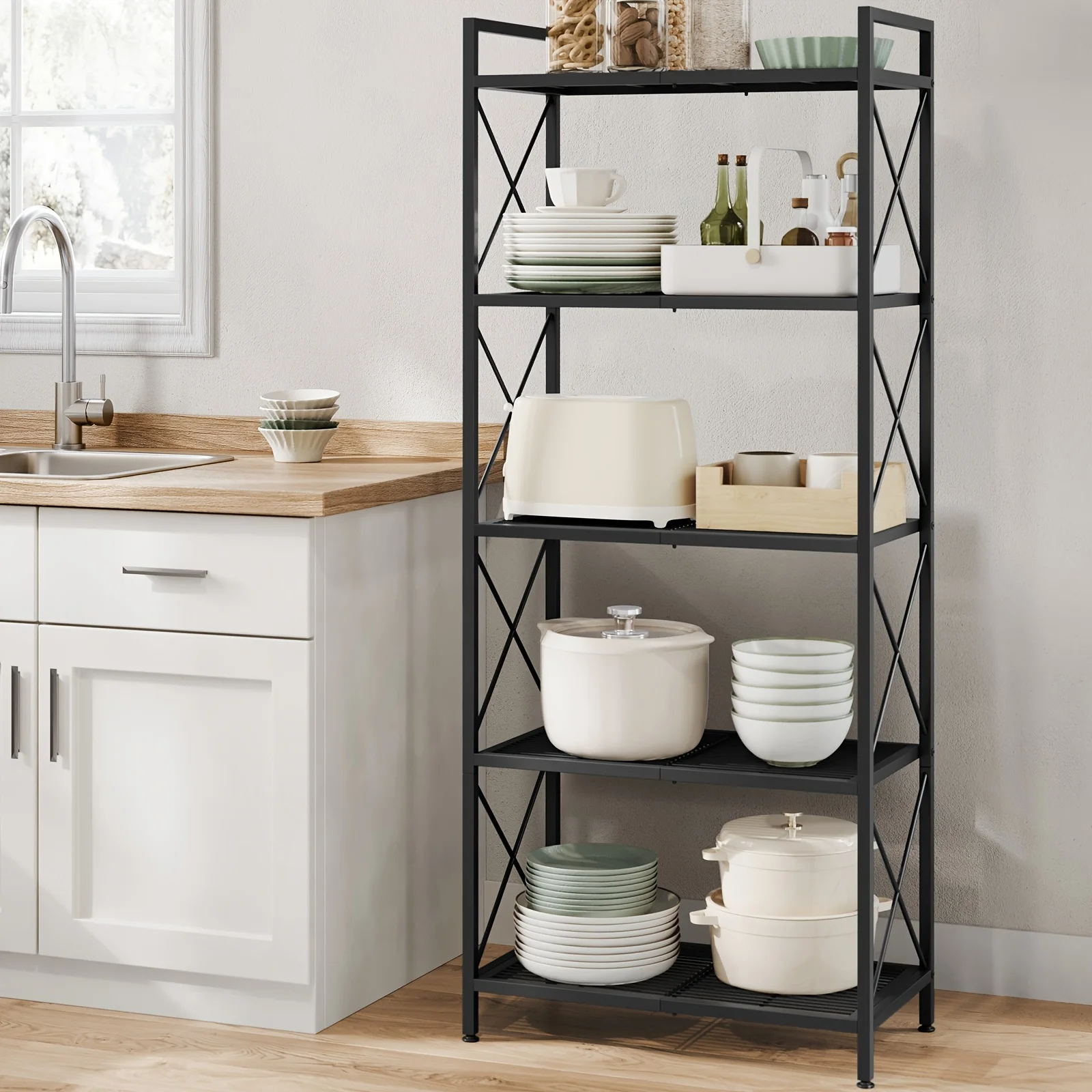 

1pc 5-Tier Metal Storage Rack, Shelving Unit With X Side Frames, Dense Mesh, 12.6 X 23.6 X 57.3 Inches ( 32.0 X 59.94 X 145.54 C