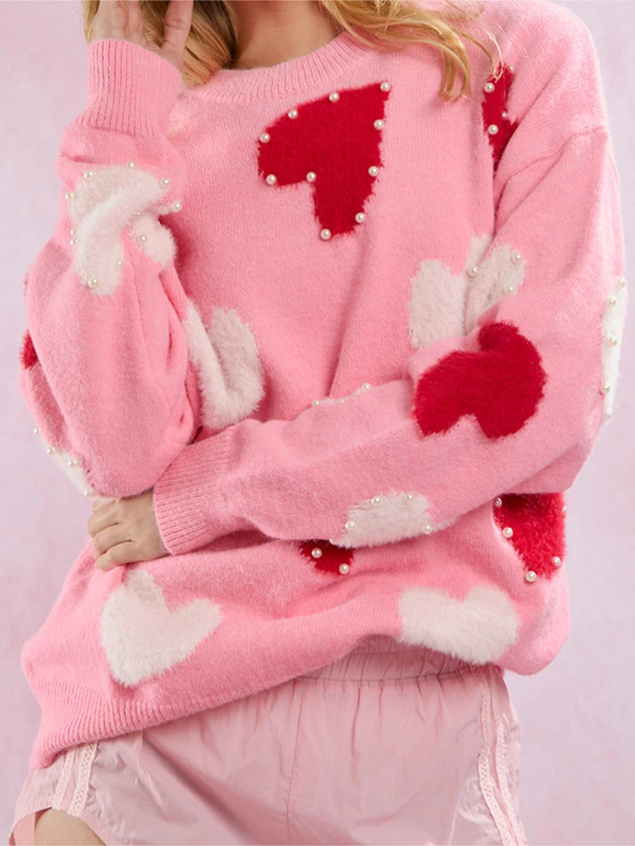 Valentine s Day Women s Heart Print Knit Sweater with Long Sleeves and Round Neckline Featuring Pearl Embellishments