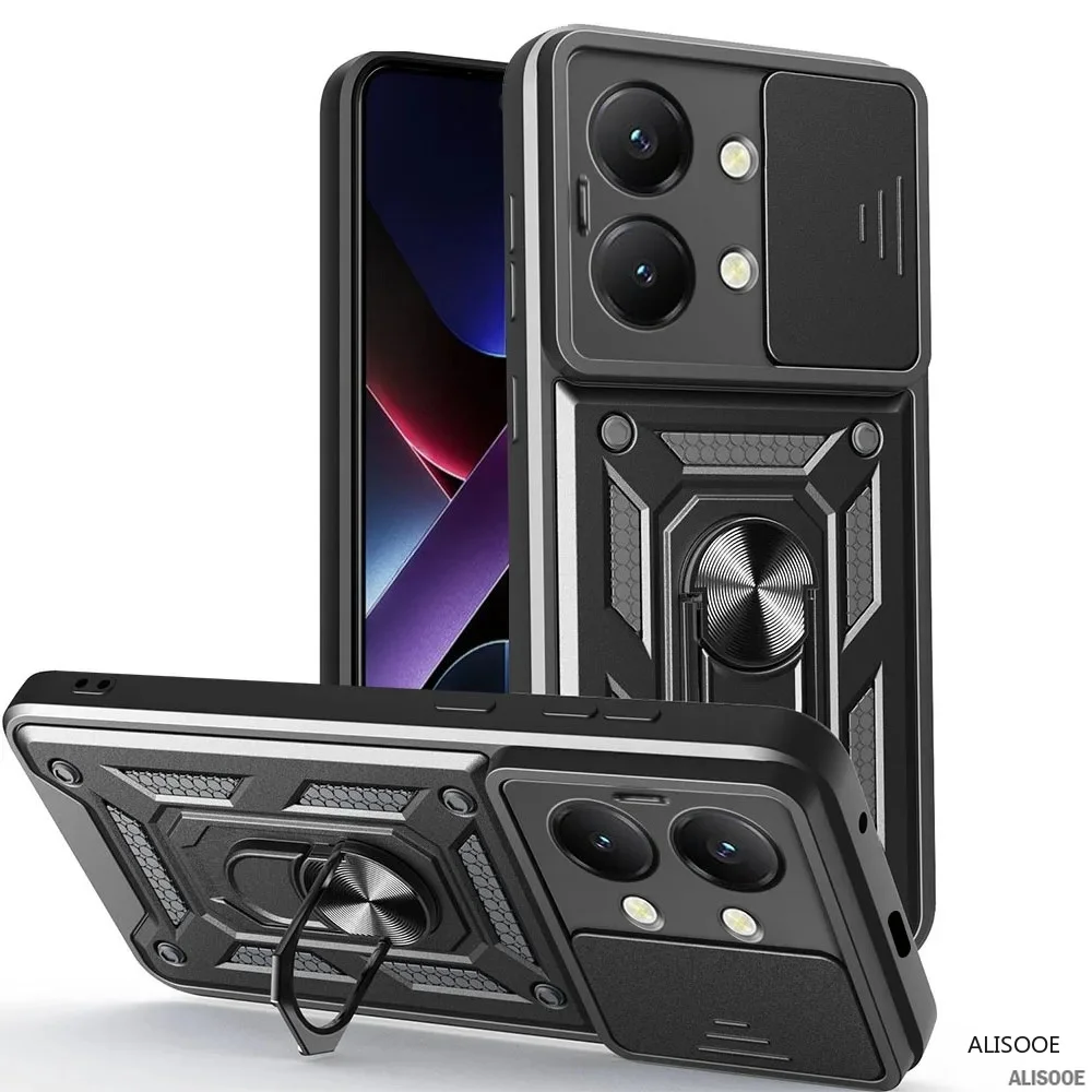 Armor Slide Camera Lens Protection Back Cover with Ring Stand - Shockproof Case