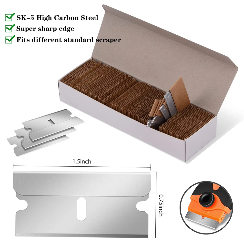 

100pcs 1.5" Single Edge Carbon Steel Razor Scraper Blades for Vinyl Wrapping Car Cleaning Tool Window Tint Film Stickers Removal