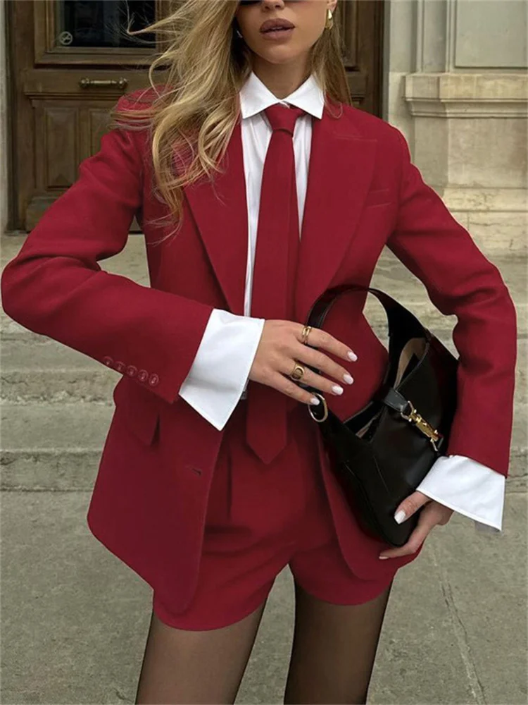 Female 2 Piece-Set Elegant Neckties Suit Pocket Outwear And High Waist Shorts Sets Commute Clothes Women's Outfits Autumn
