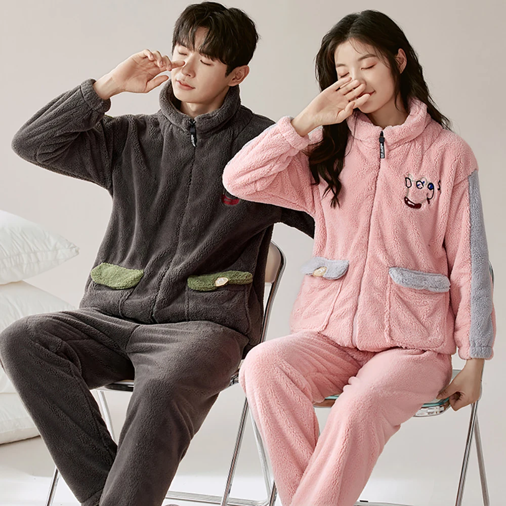 Antistatic Thicken Flannel Couple Sleepwear Men's Winter Warm Pajamas Set Casual Korean Style Zipper Patchwork pijama hombre