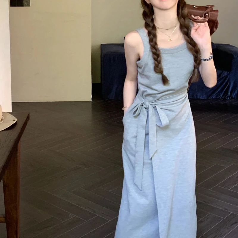 

French 2023 strap dress children summer niche design feel waist slimming temperament long dress