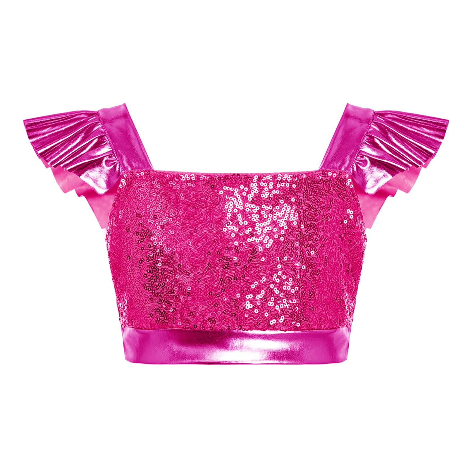 Jazz-Tanz-Performance-Outfit für Mädchen mit Rüschenärmeln, Funkelndem Pailletten-Crop-Top und Glänzender Schlaghose – Detail 9