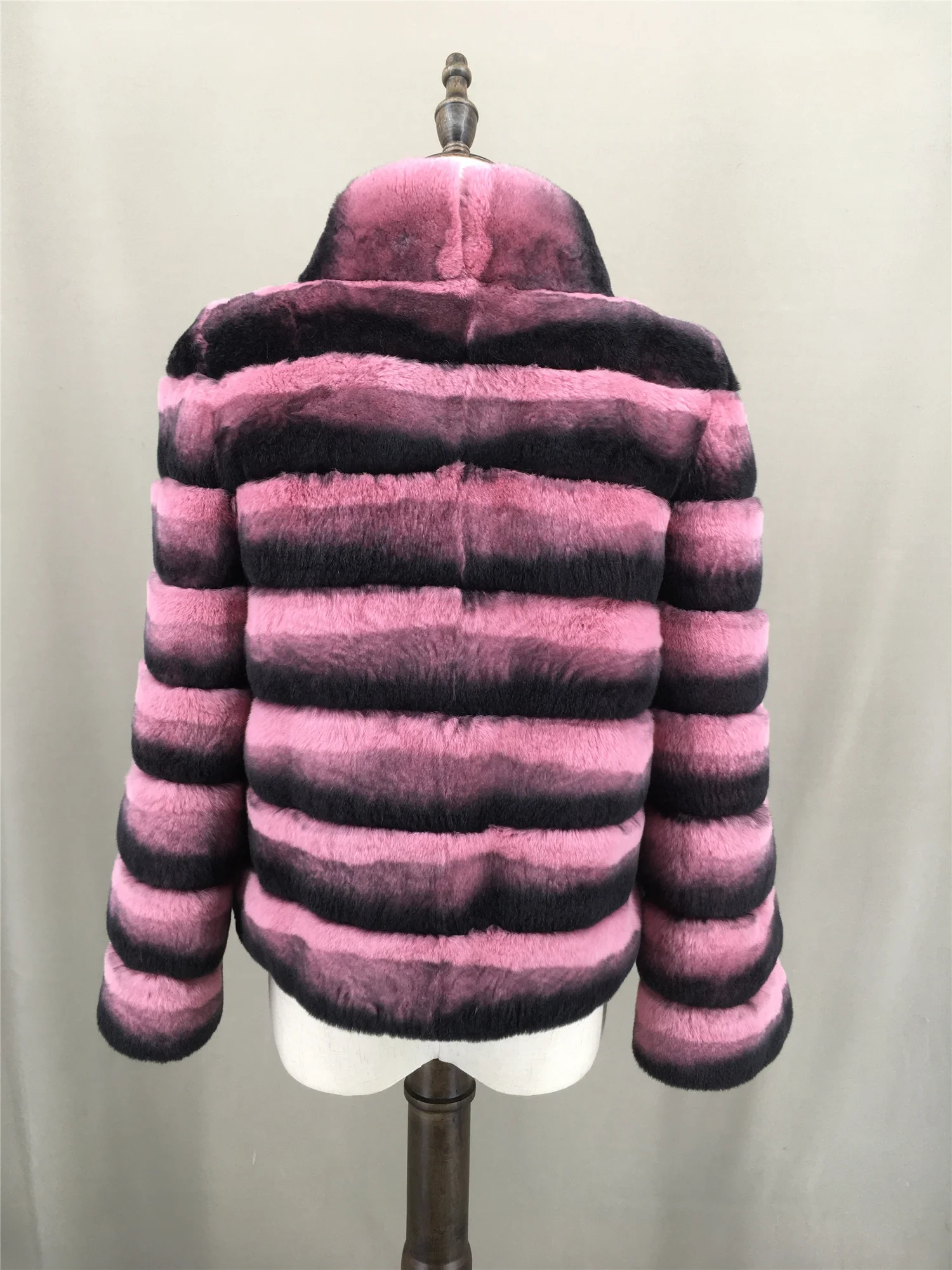 Real Rex Rabbit Fur Coat With Stand Collar Chinchilla Stripe Winter Furry Luxurious Purple Brown 220605 jacket length 55 cm