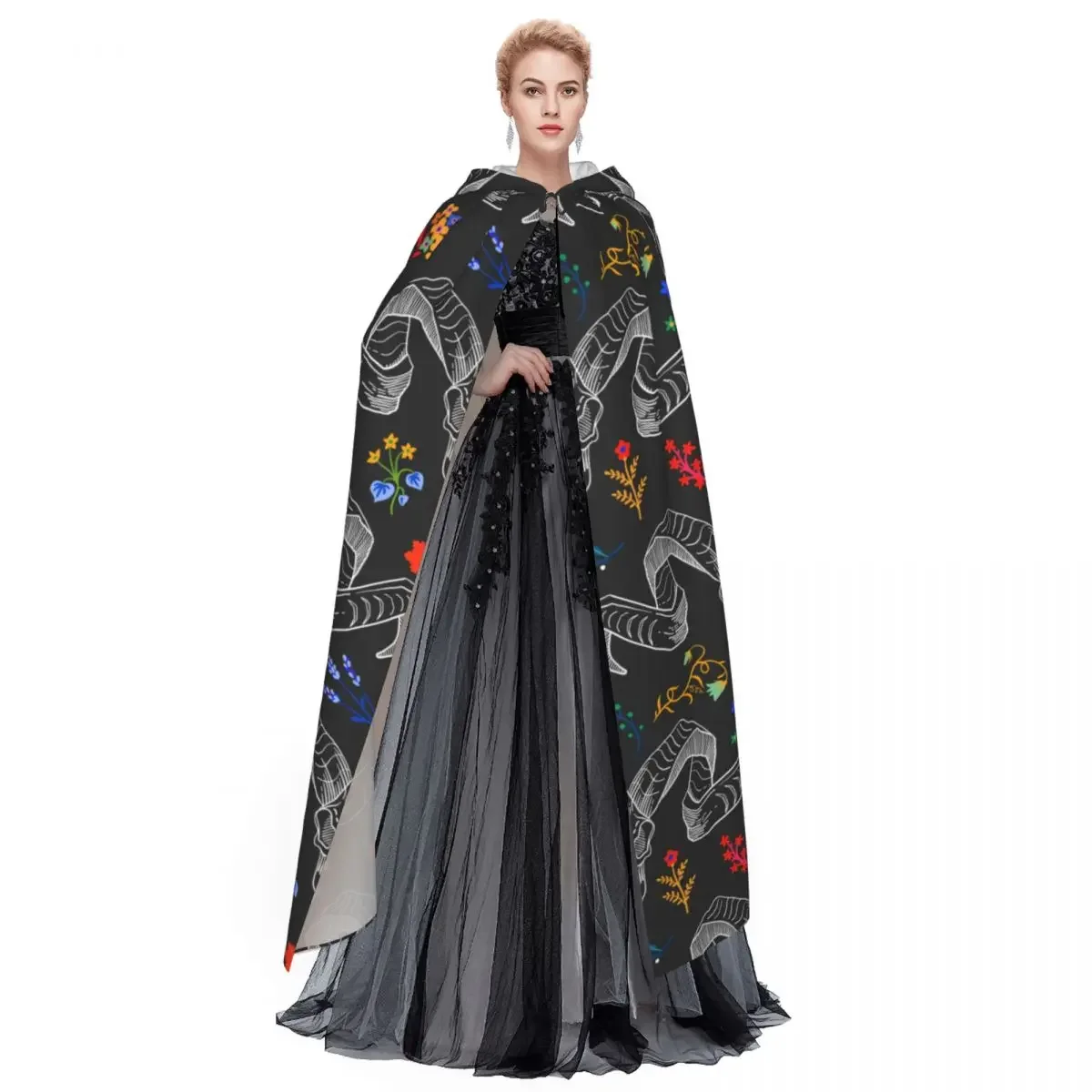 Hooded Cloak Polyester Unisex Witch Cape Costume AccessorySkull With Horns Among The Flowers