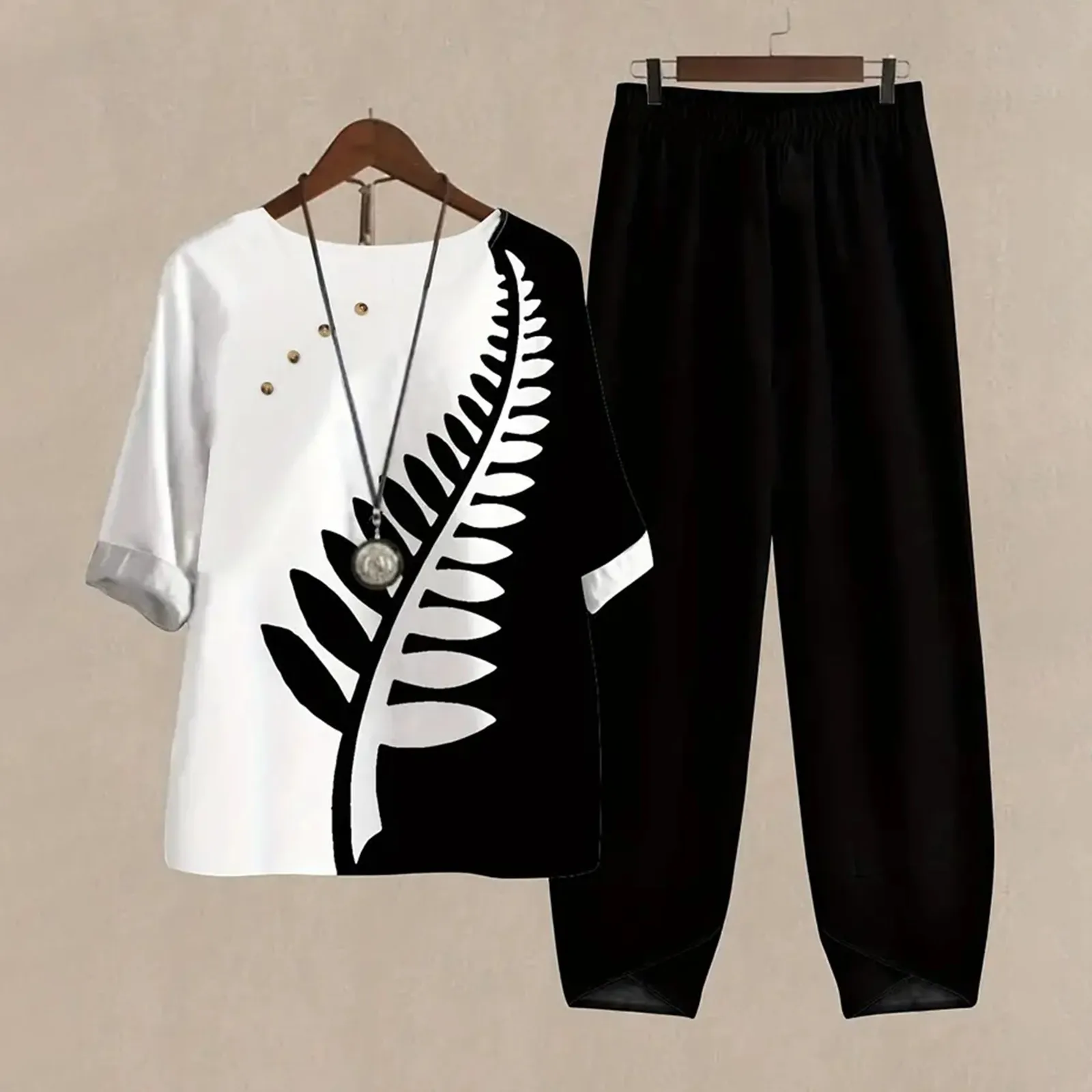 Women Simple Color Blocked Printed Casual Suit Fashionable Summer Three Quarter Sleeve Top And Pants Two Piece Set Woman Suit