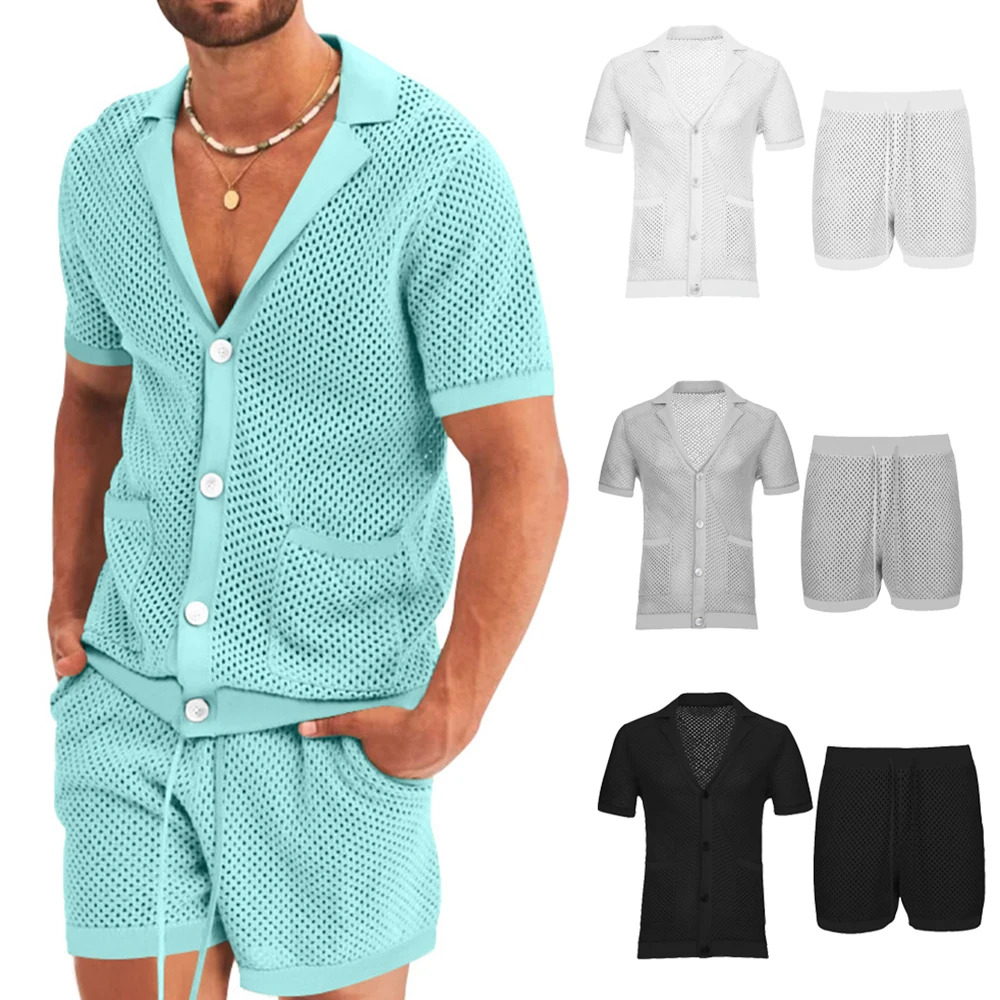 Men's Summer Casual Solid Color Hollow Mesh Sweater Suit Men's Fashion V-neck Shirt Shorts Thin Section Outerwear Two-piece Suit