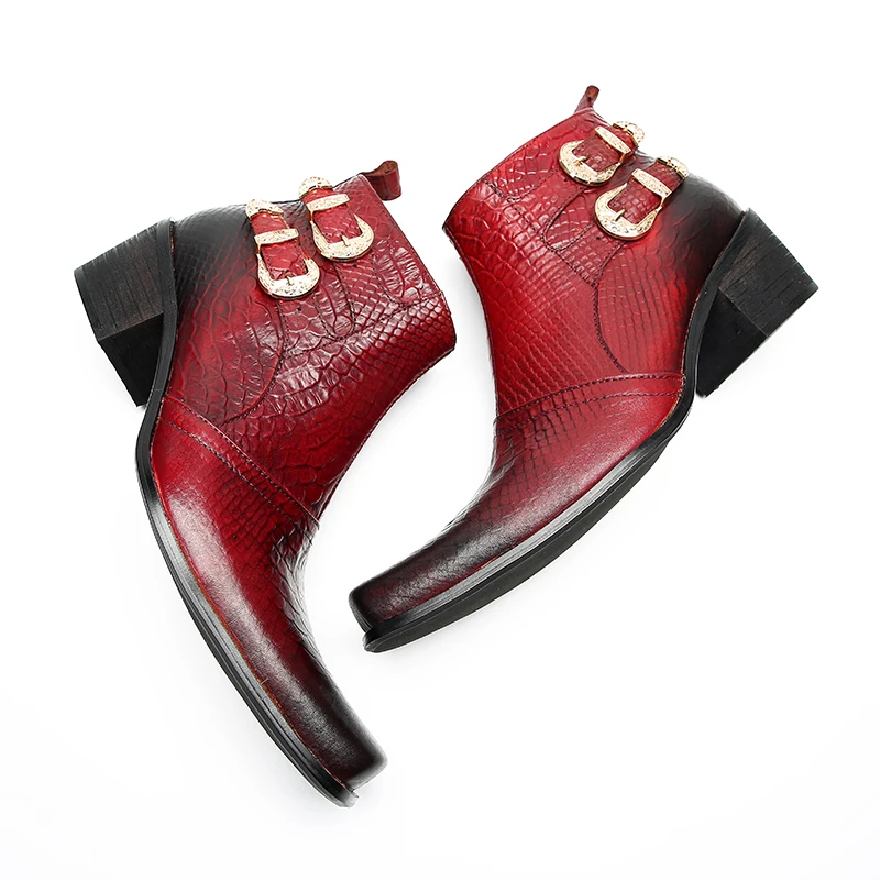 Botas 영국 스타일  가죽 남성 파티 드레스 신발, 플러스 사이즈 버클 오토바이 앵클 부츠, 포멀한 짧은 남성 부츠, 레드