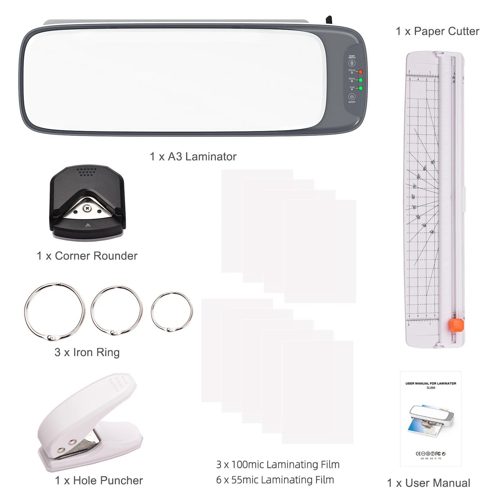 Desktop Laminator Machine Set A3 Size Multifunctional Hot and Cold Lamination 2 Roller System 12.5 Inches Width w/Paper Cutter