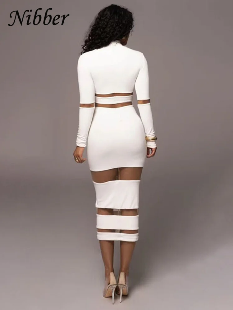 Nibber Elegant Mesh Patchwork Maxi Dress Women See Through O-Neck Full Sleeve Female Evening dresses Bodycon Vestidos Clothing