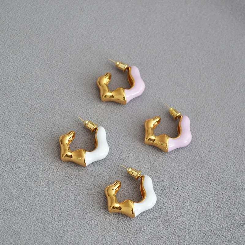 

Gold Plated Brass Earrings Handmade Enamel Wavy Design 925 Silver Needle Hoop Earrings