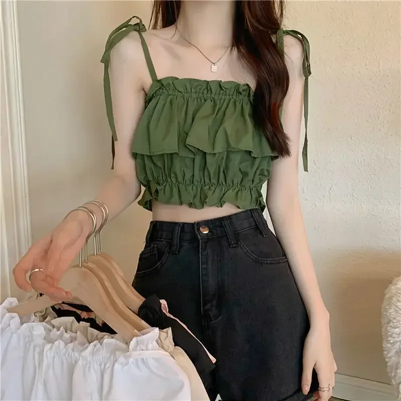 

Women's 2023 New Summer Tank Top with Ruffle Edge Strap Top High Waist Sleeveless Bra and Open Umbilical Top