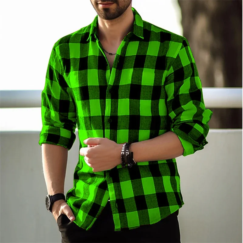 2023 New Green Plaid Printed Men's Shirt Fashion Men's Long Sleeve Button Lapel Shirt Street Loose Casual Breathable 9 Colors