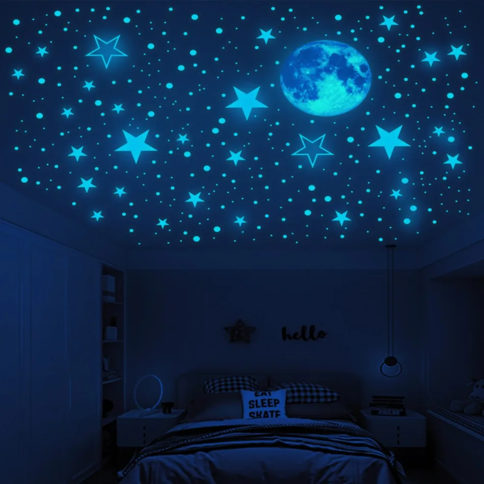 Glow in the Dark Moon Unicorn Star Polka Dot Stickers for Children's Room Bedroom Fluorescent Wall Stickers