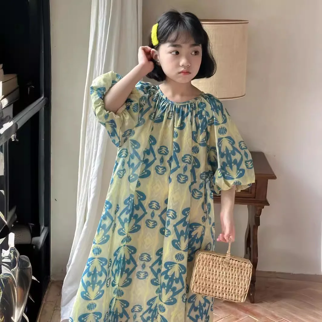 

Children Dress 2024 Summer Girls Korean Style Irregular Puffed Sleeve Round Neck Casual Fashionable Short Sleeve Sweet Dress