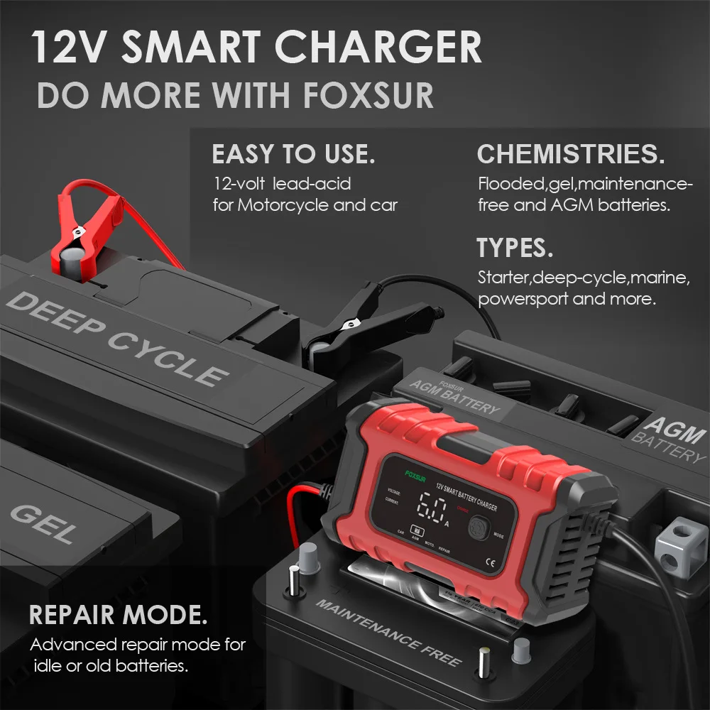 Schnell-Ladegerät mit LCD-Display für 6 Volt und 12 Volt für Auto-, Motorrad-,  Bleisäure-, PB, Gel, AGM Akku