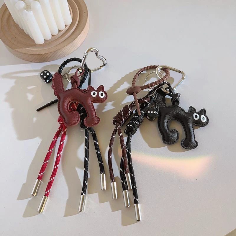 Classic Cute PU Leather Cat Shape Keychain Pendant Lovely Car Key Ring Bag Charm Phone Accessory Trinket