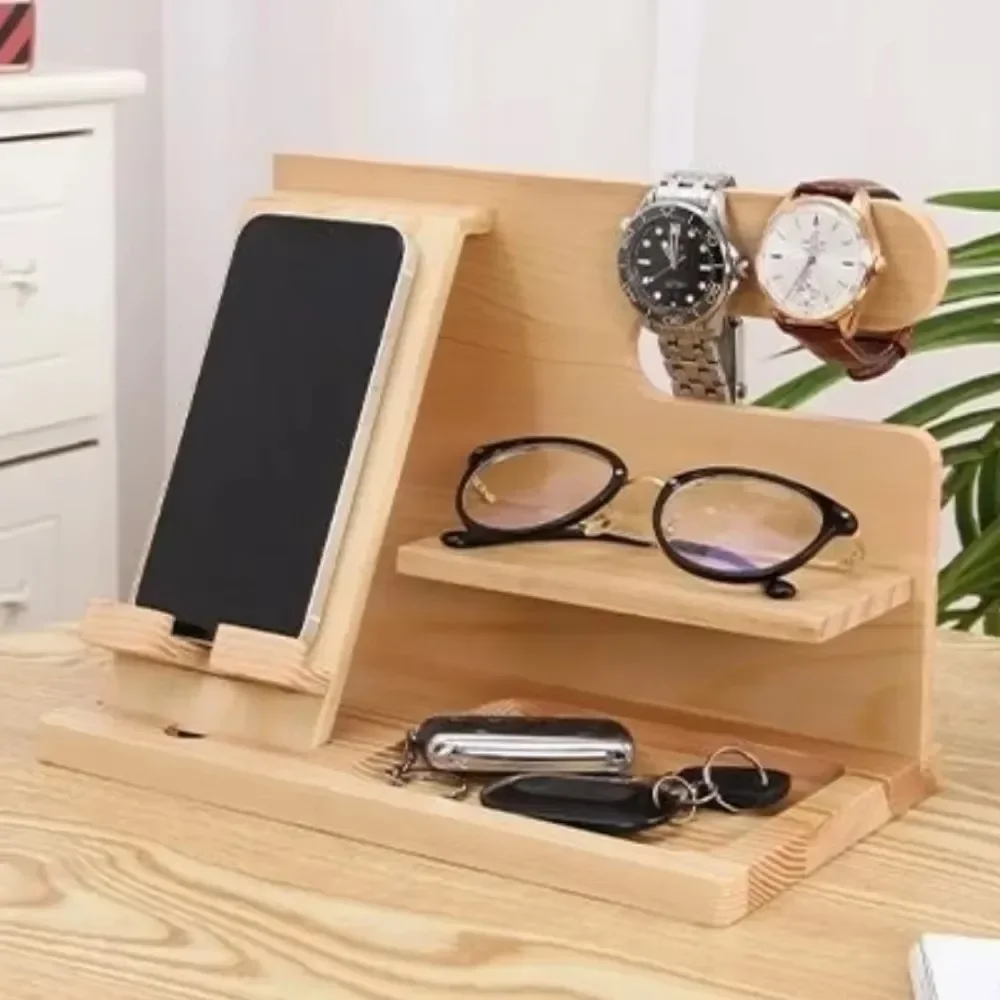 Phone Holder Detachable Solid Wood Office Keychain Wallet Watch Deposit Stand Desktop Charge Phone Multifunctional Storage Rack 5