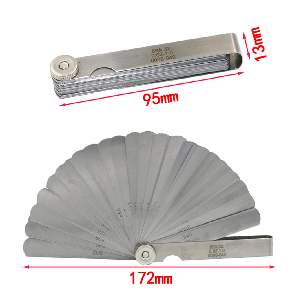 32 Blades Feeler Gauge Stainless Steel Metric 0.02-1.00mm Gap Measurement Tool for Engine Valve Adjustment