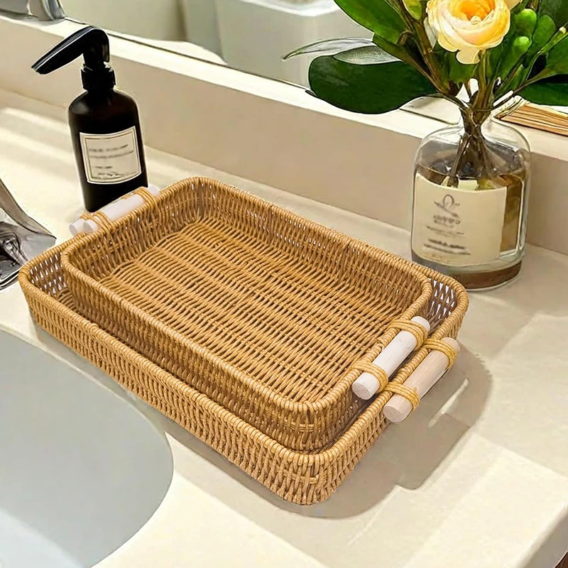 Handwoven Rectangular Plastic Serving Trays with Handles, Woven Wicker Bread Fruit Snacks Food Serving Baskets for Home Kitchen 4