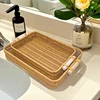 Handwoven Rectangular Plastic Serving Trays with Handles, Woven Wicker Bread Fruit Snacks Food Serving Baskets for Home Kitchen 4